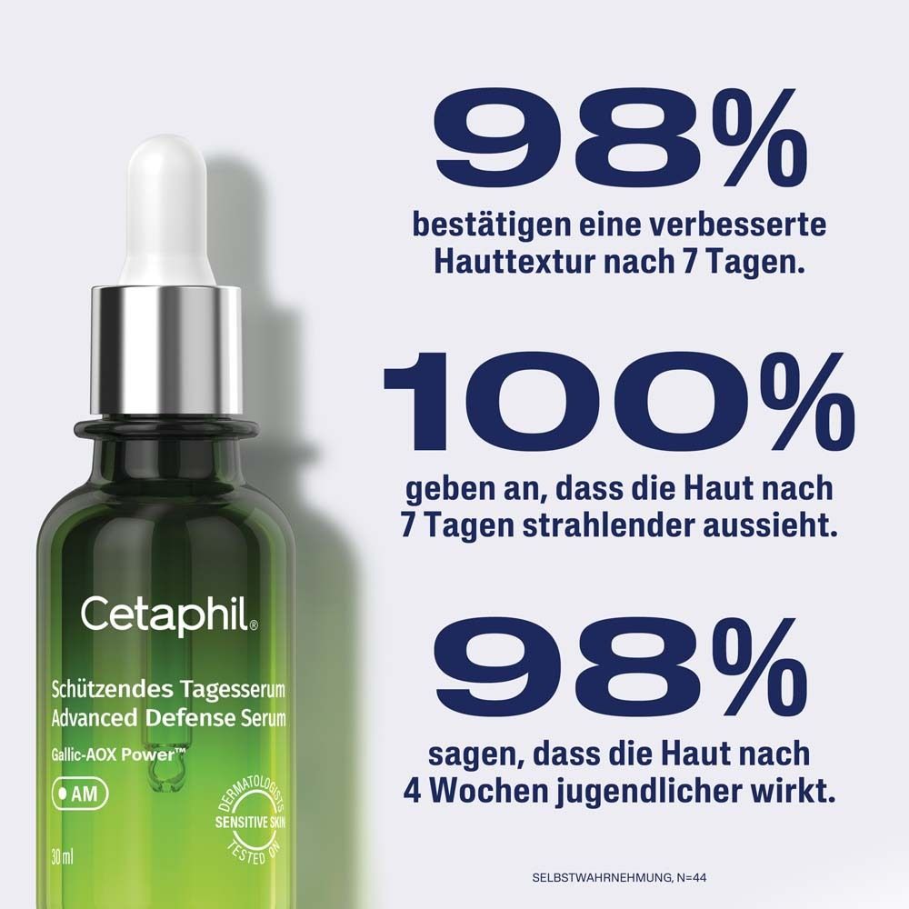 Grüne Flasche mit Serum und Text. Text: 98% bestätigen verbesserte Hauttextur nach 7 Tagen. 100% geben an, dass die Haut strahlender aussieht.