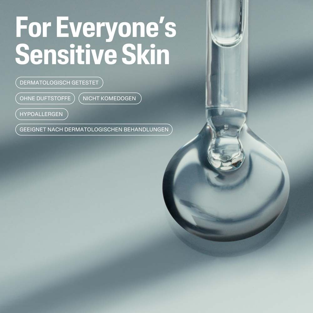 Tropfen Serum. Text: Dermatologisch getest, ohne Duftstoffe, nicht komedogen, hypoallergen. Geeignet nach dermatologischen Behandlungen.