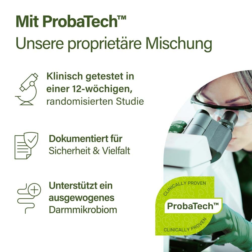 Grafik mit ProbaTech. Klinisch getestet, dokumentiert für Sicherheit, unterstützt Darmmikrobiom. Logo: Clinically Proven ProbaTech.