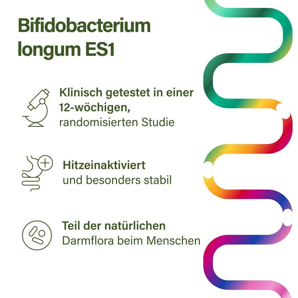 Grafik mit Bifidobacterium longum ES1. Klinisch getestet, hitzeinaktiviert, Teil der natürlichen Darmflora. Farbverlauf.