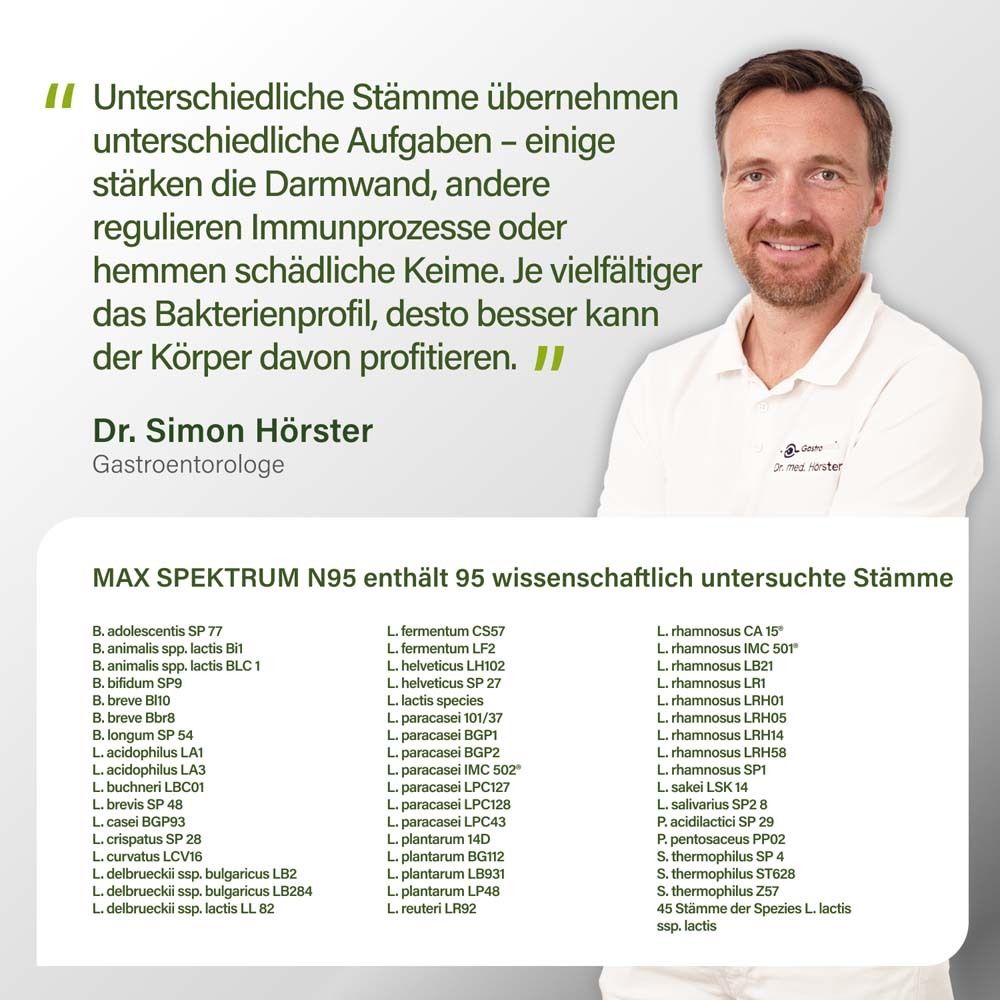 Mann spricht. Text: Unterschiedliche Stämme übernehmen unterschiedliche Aufgaben. Liste mit Bakterienstämmen.