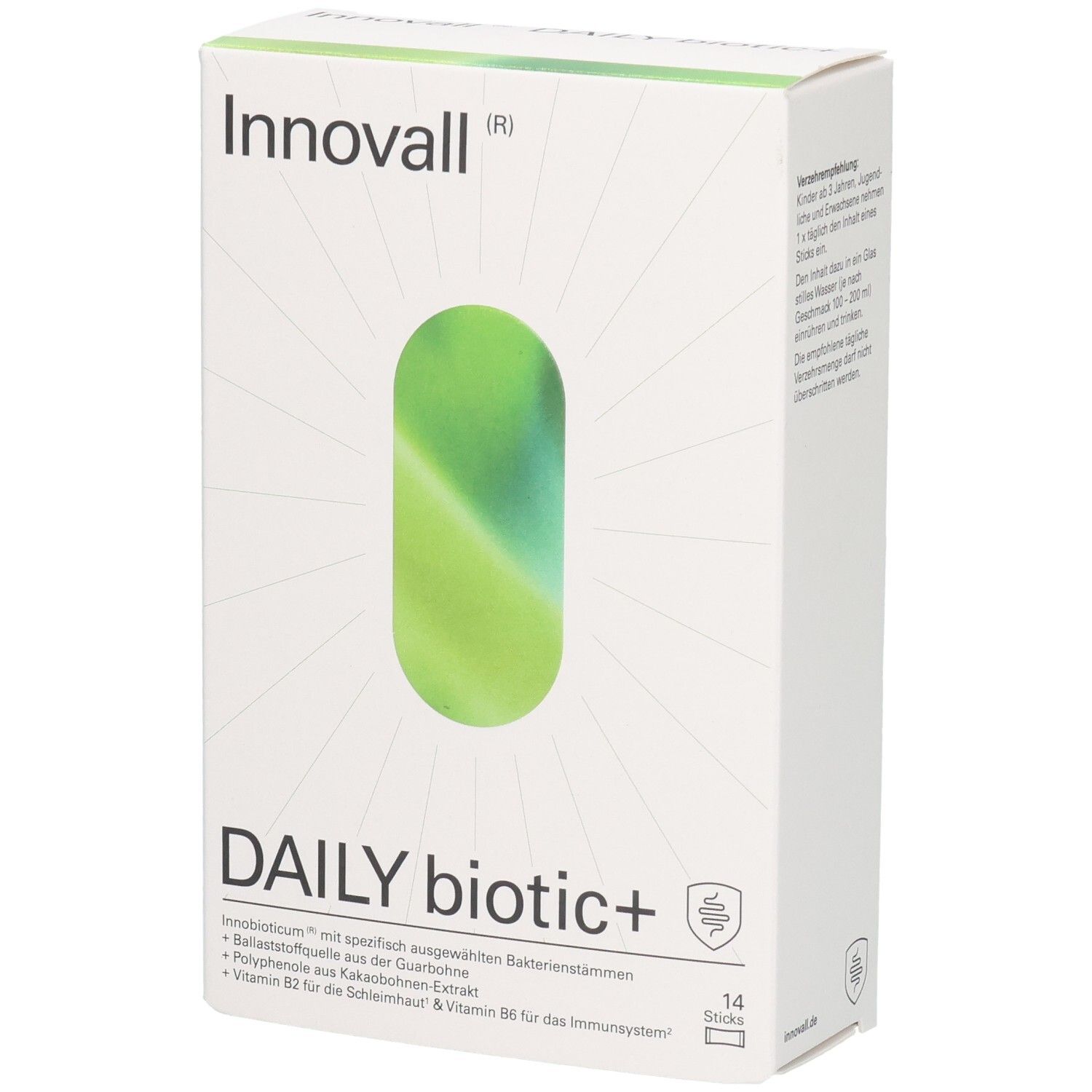 Weiße Schachtel mit "Innovall DAILY biotic+". Grün-weißes ovales Design. 14 Sticks. Logo und Produktinformationen.
