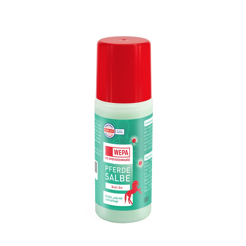 Roll-on-Flasche mit rotem Deckel. Aufschrift: WEPA Pferdesalbe. Grün-weißes Etikett mit rotem Pferd.