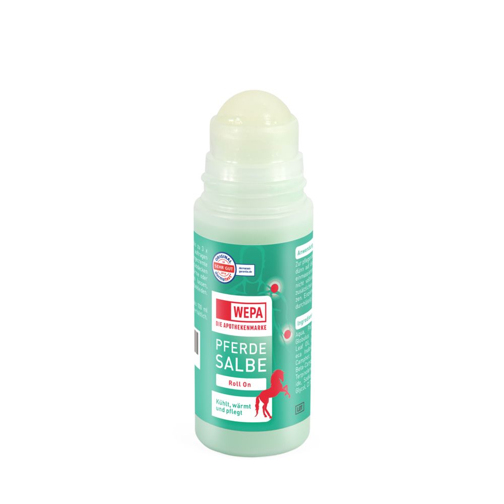 Roll-on-Flasche mit durchsichtigem Applikator. Aufschrift: WEPA Pferdesalbe. Grün-weißes Etikett mit rotem Pferd.