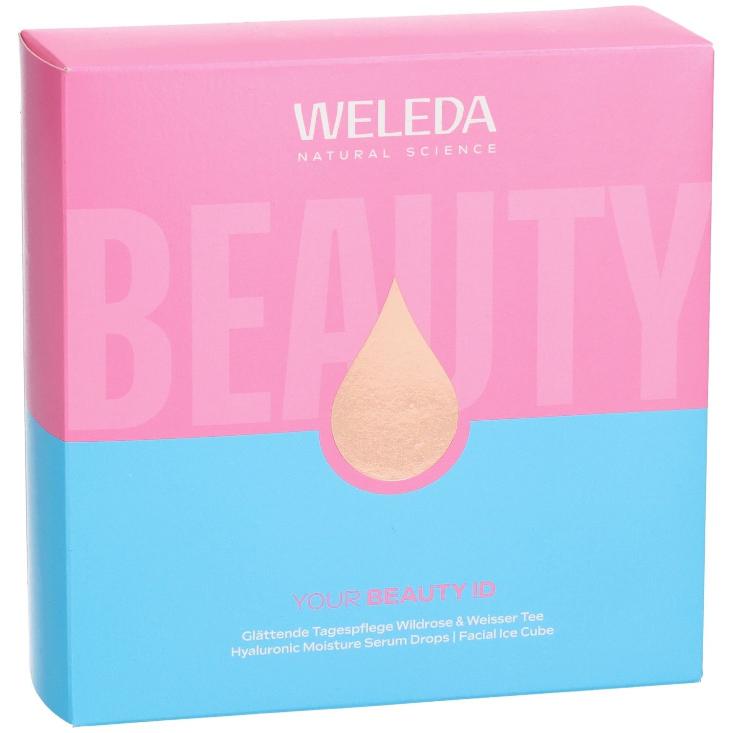 Geschenkset-Box, zweifarbig: Pink und Blau. Aufschrift: WELEDA, BEAUTY. Tropfen-Symbol. Text: YOUR BEAUTY ID, Tagespflege, Serum Drops.