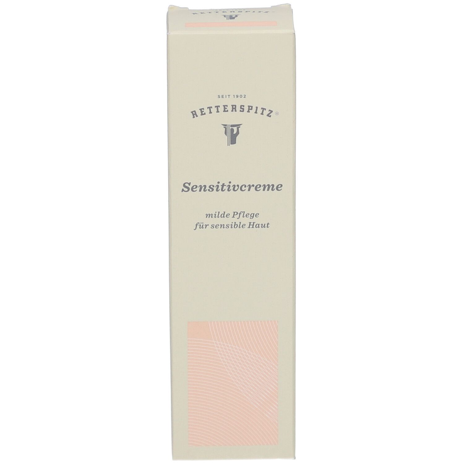 Kartonverpackung mit Produktnamen und Logo. Farbgebung: Weiß, Beige und Rosa. Aufschrift: Sensitivcreme, milde Pflege für sensible Haut.