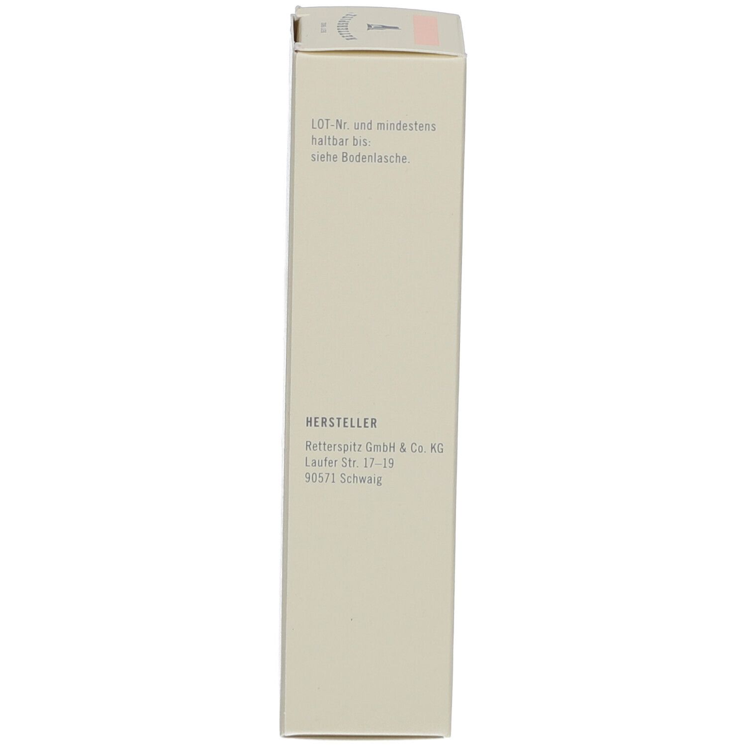 Rückseite der Kartonverpackung. Textinformationen und Herstellerangaben. Farbgebung: Weiß und Beige.