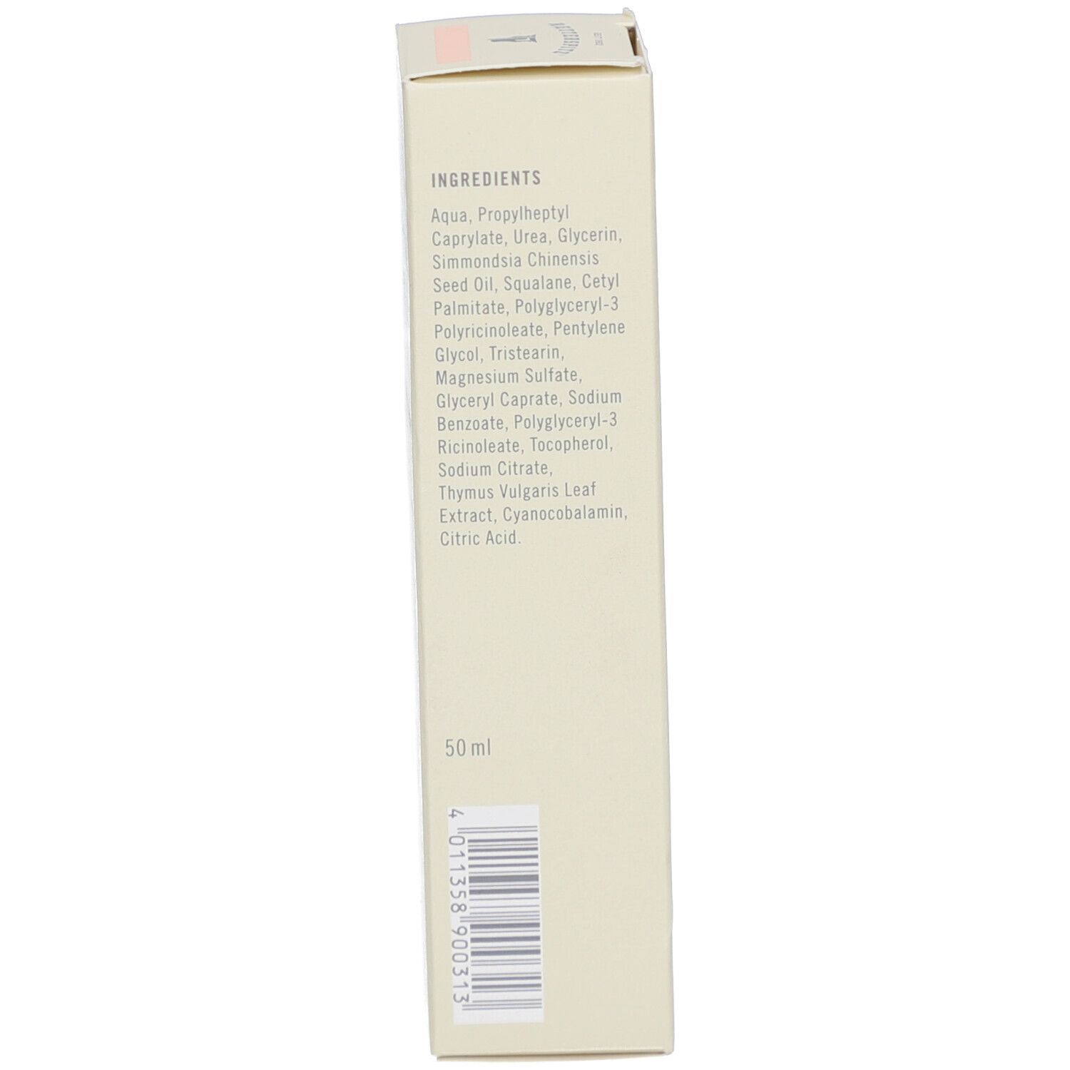 Seite der Kartonverpackung mit Inhaltsstoffen und Volumenangabe. Aufschrift: 50ml. Farbgebung: Weiß und Beige.