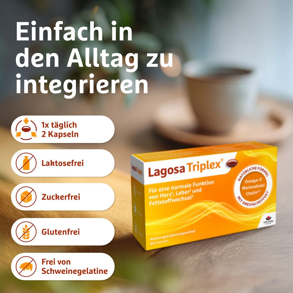 Lagosa Triplex® Packung. Text: Einfach in den Alltag zu integrieren. 1x täglich 2 Kapseln.