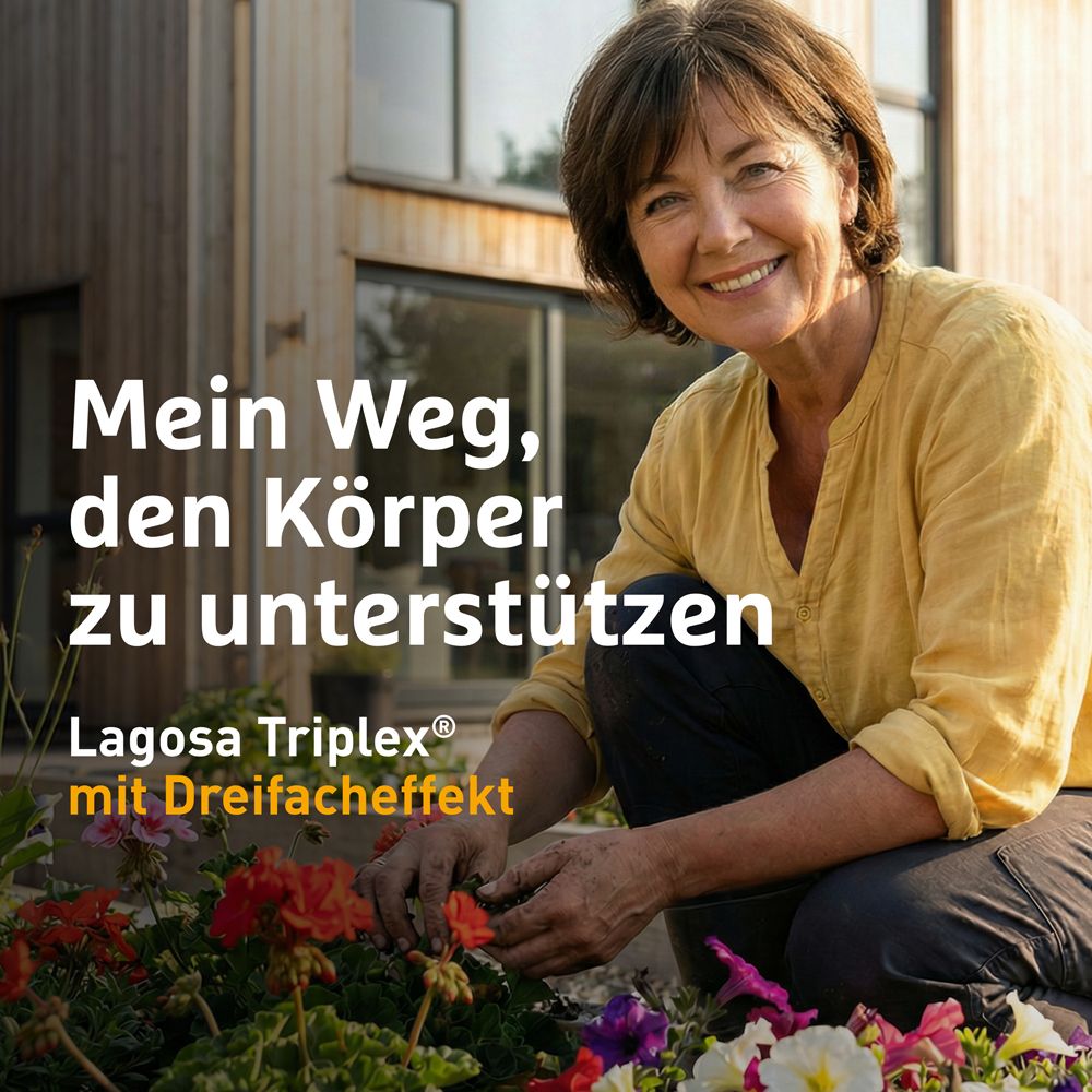 Frau im Garten. Text: Mein Weg, den Körper zu unterstützen. Lagosa Triplex® mit Dreifacheffekt.