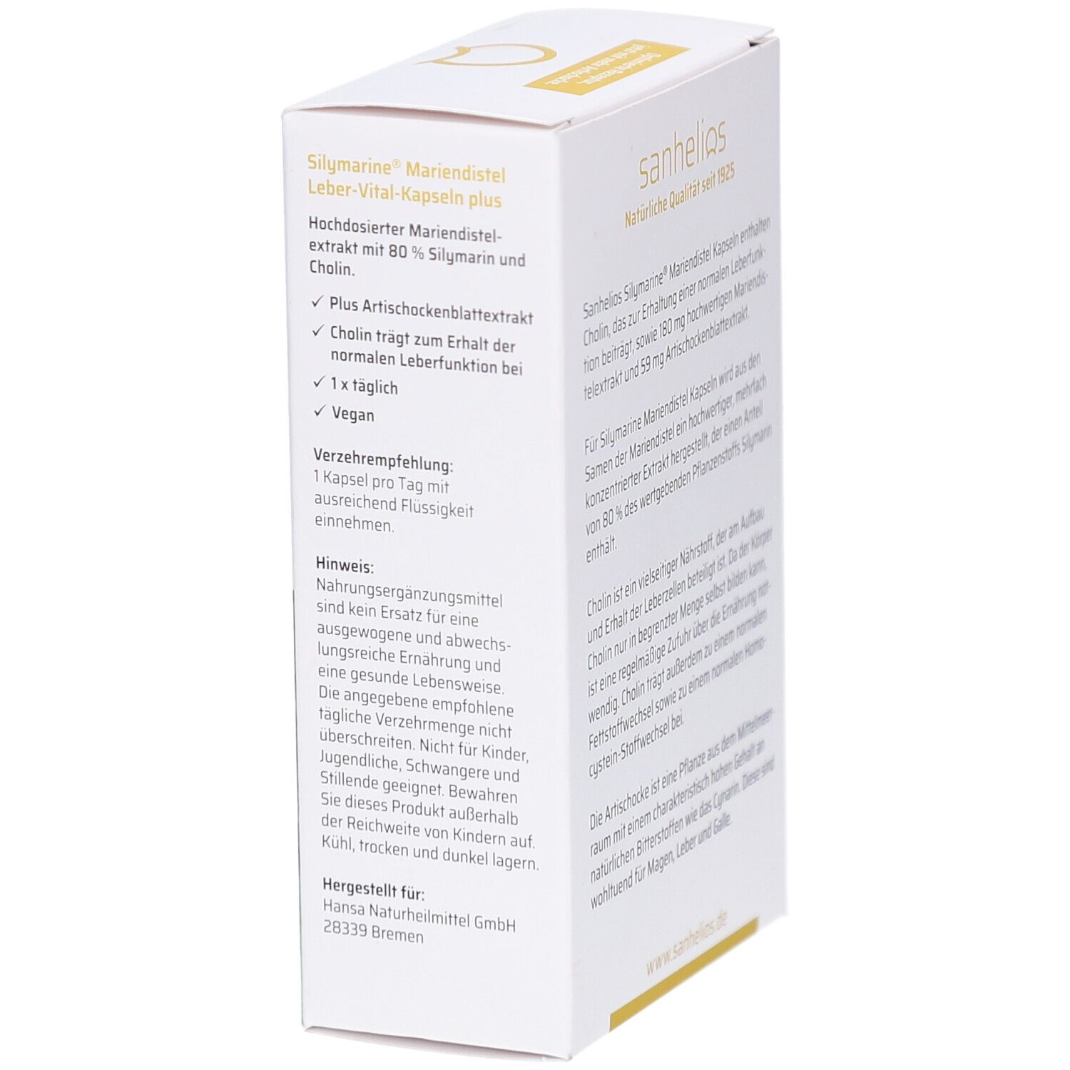 Produktverpackung mit Text. SILYMARINE Mariendistel Leber-Vital-Kapseln plus. Informationen zur Anwendung. 60 Kapseln.