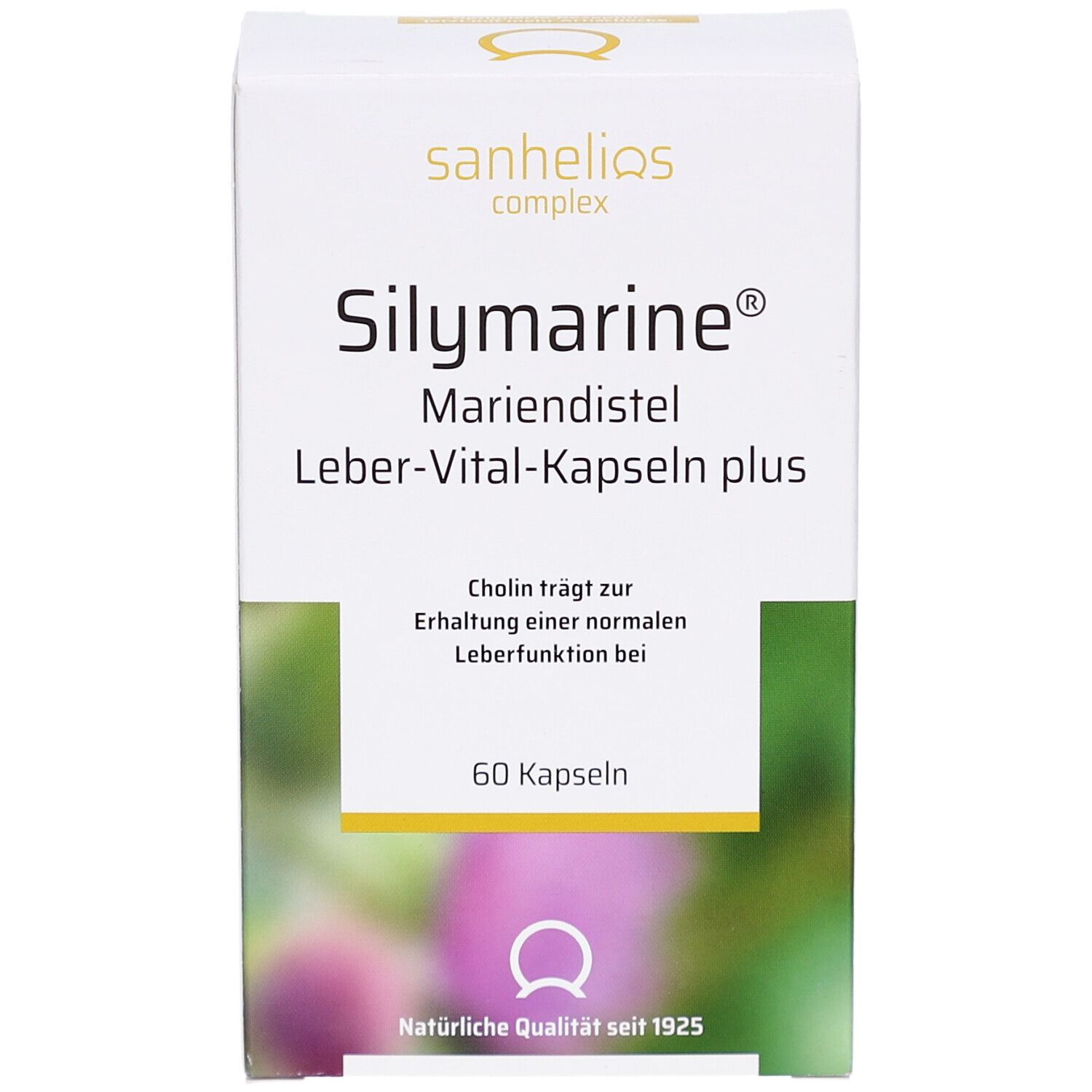 Weißer Karton mit Produktnamen SILYMARINE Mariendistel Leber-Vital-Kapseln plus. 60 Kapseln. Sanhelios Logo.