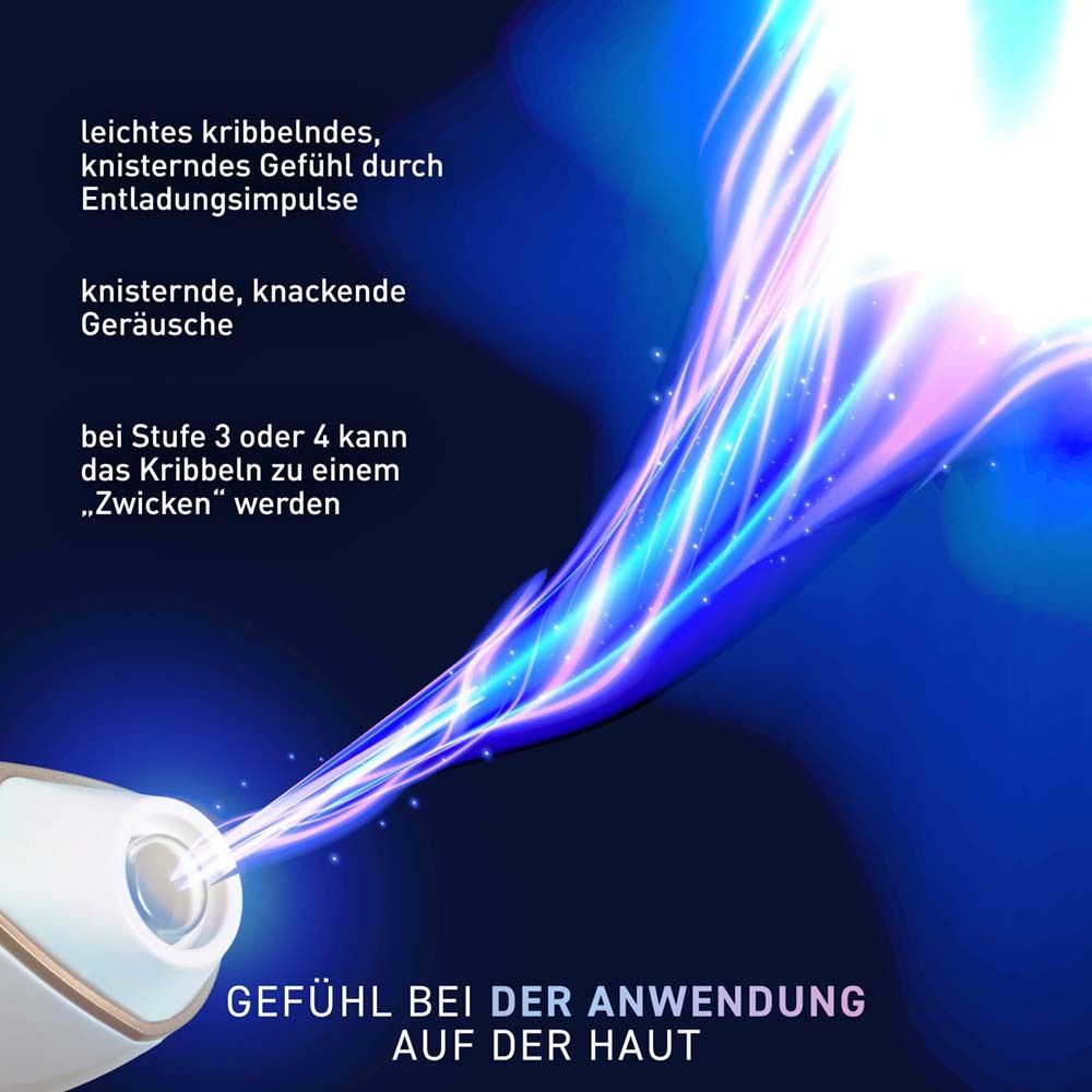 Nahaufnahme des Geräts. Text: "Gefühl bei der Anwendung auf der Haut". Beschreibt leichtes Kribbeln und knisternde Geräusche.