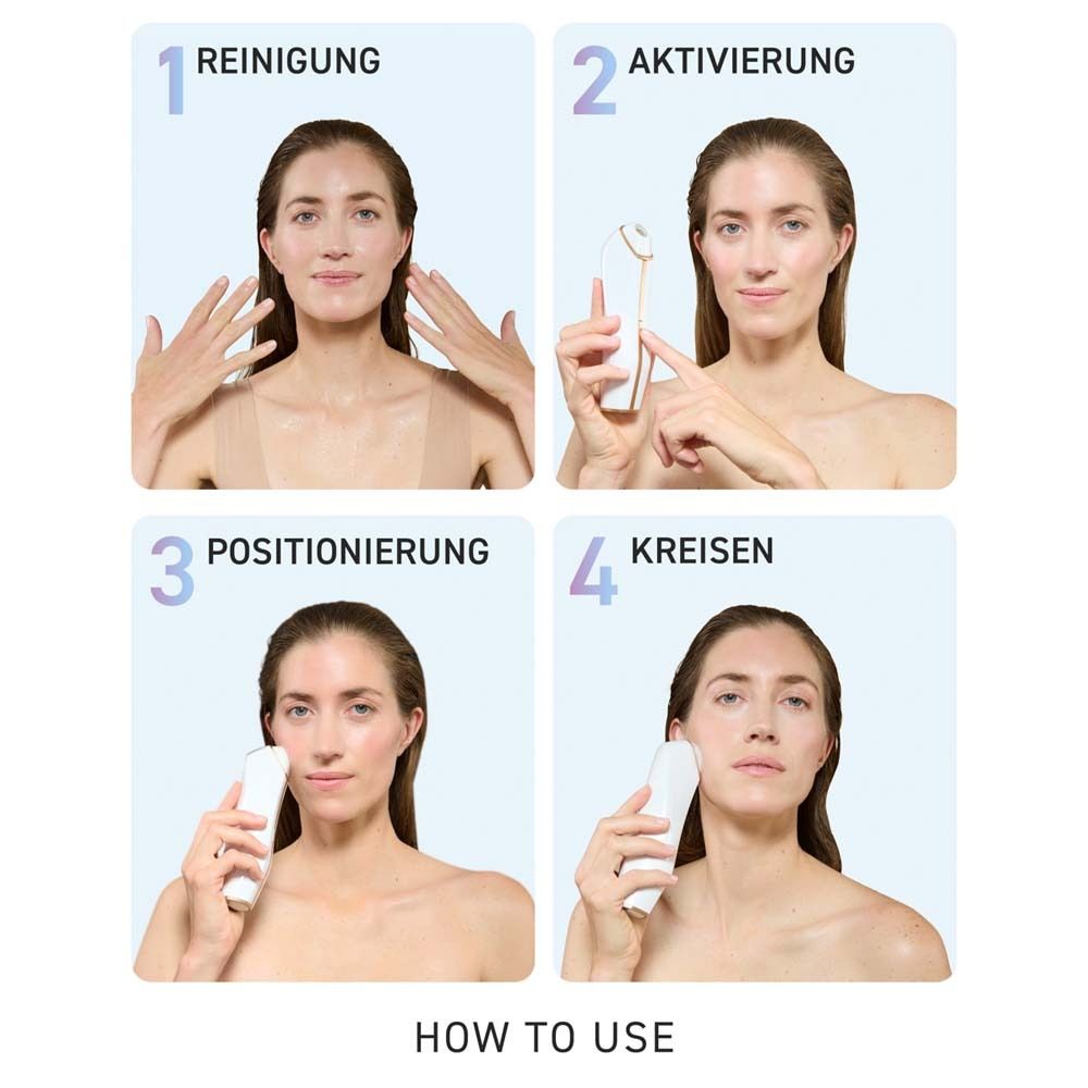 Anleitung zur Anwendung. 4. Anwinkeln. 5. Kreisen. Bilder zeigen Frau bei den Schritten.