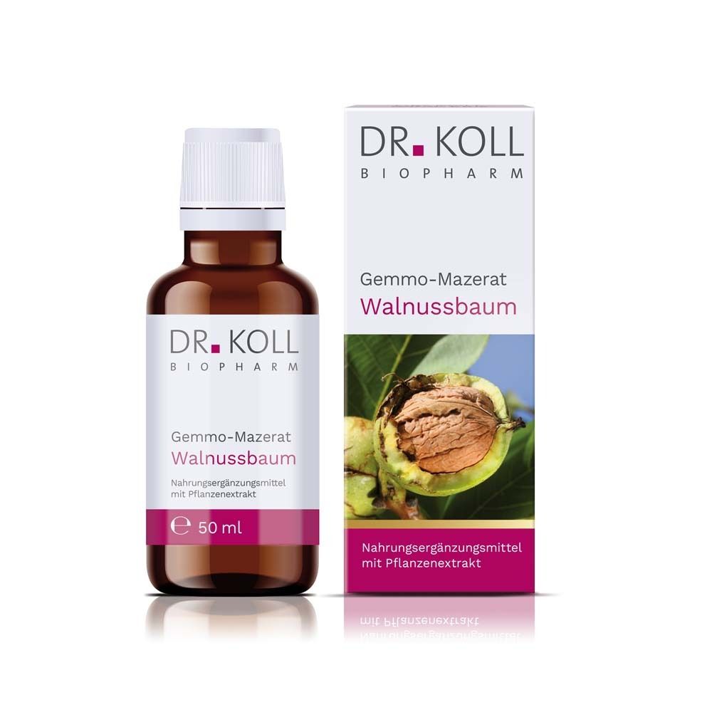 Braune Glasflasche mit weißem Deckel und Etikett. Daneben eine Schachtel mit Produktinformationen und Walnuss-Abbildung.