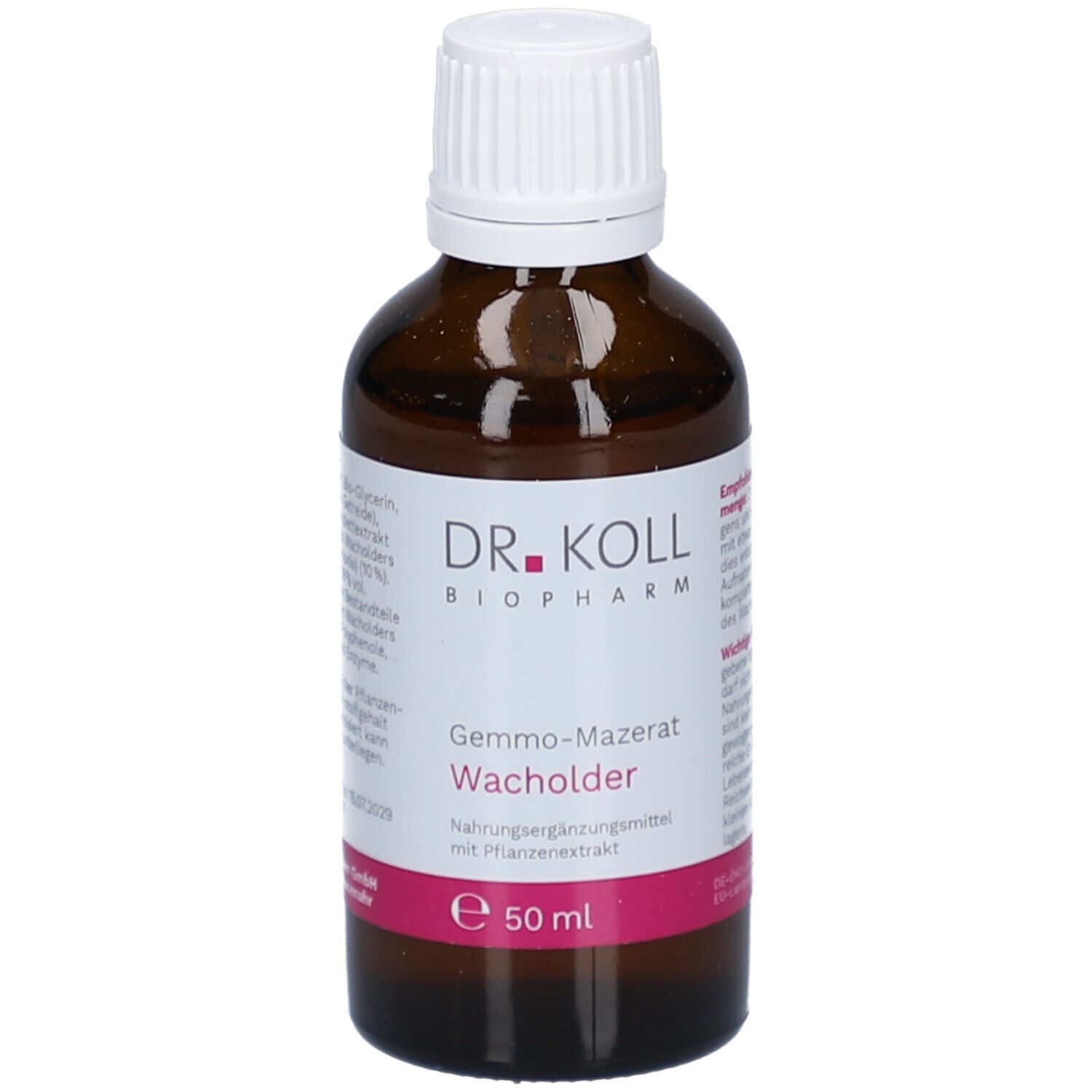 Braune Glasflasche mit weißem Deckel. Etikett mit Produktnamen, Marke und Inhaltsangabe. 50 ml.