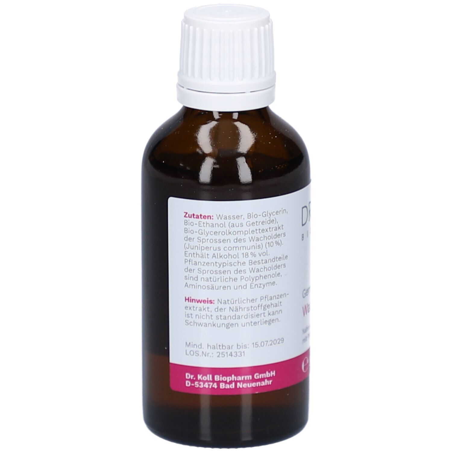 Rückseite der braunen Glasflasche. Etikett mit Zutaten, Inhaltsstoffen und Haltbarkeitsdatum.