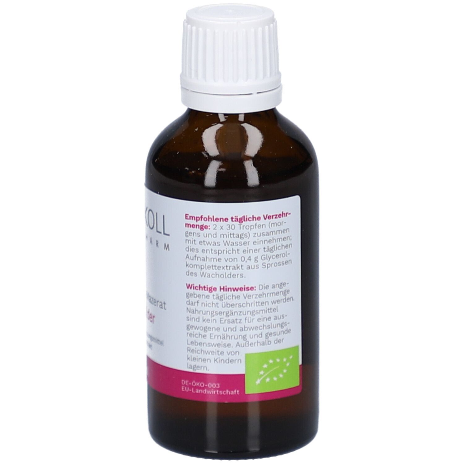 Braune Glasflasche mit weißem Deckel. Etikett mit Dosierungsempfehlung und Bio-Siegel.