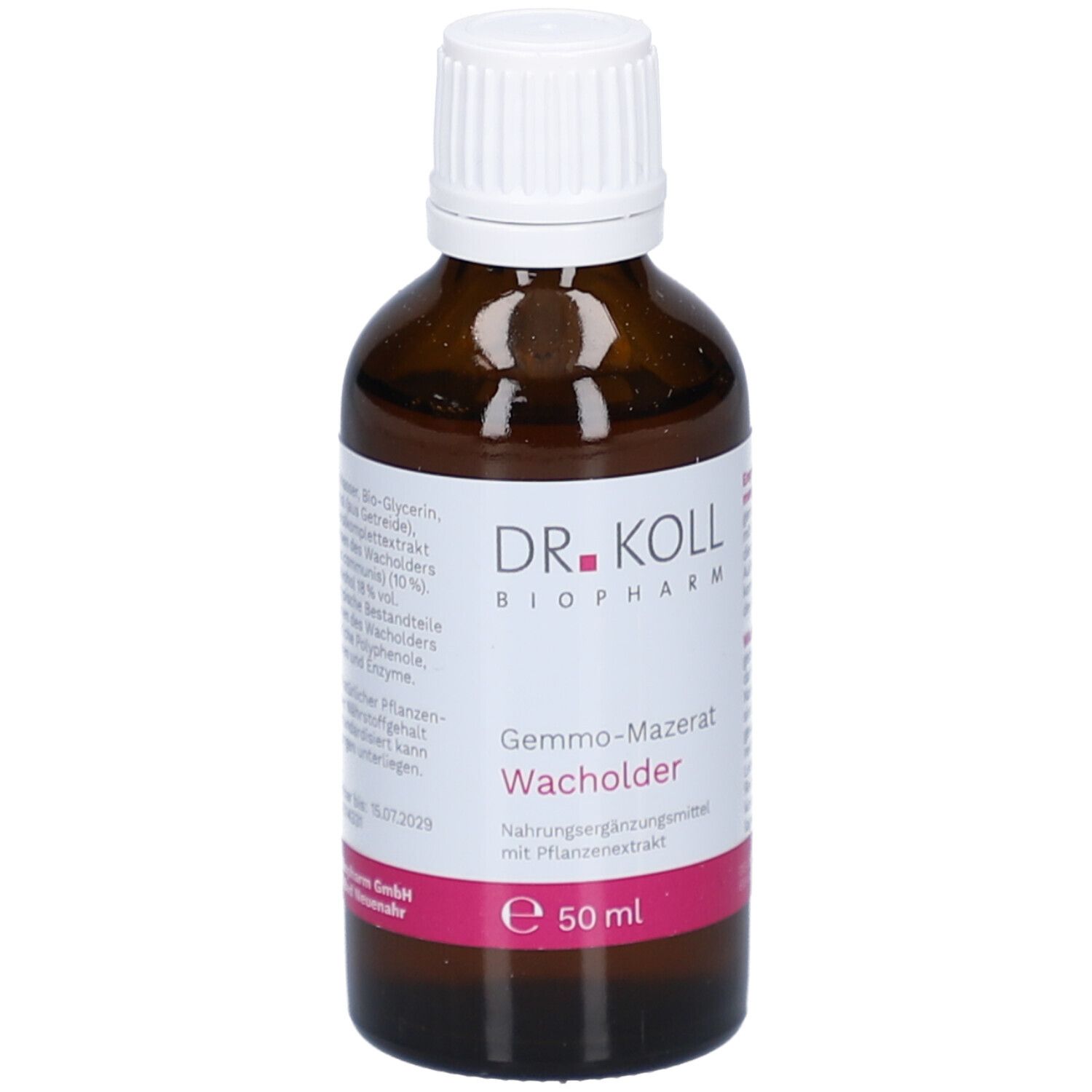 Braune Glasflasche mit weißem Deckel. Etikett mit Produktnamen, Marke und Inhaltsangabe. 50 ml.