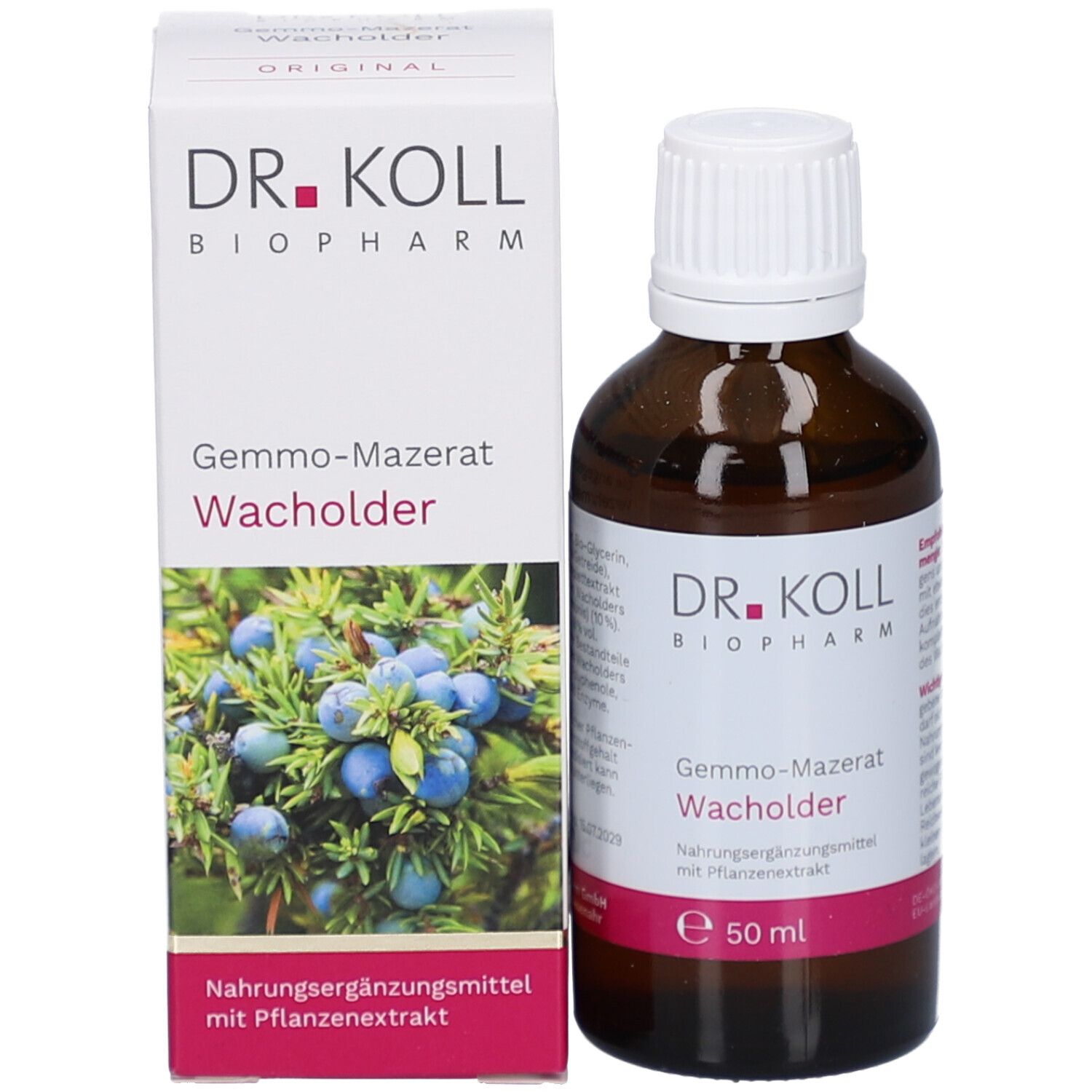 Produktflasche mit Verpackung. Flasche und Schachtel mit Produktnamen, Marke und Abbildung von Wacholder.