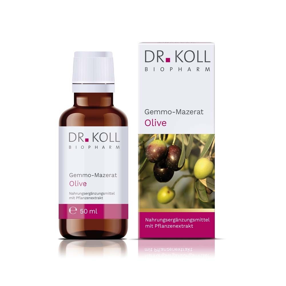 Braune Glasflasche und Karton. Aufschrift: DR. KOLL Biopharm, Gemmo-Mazerat Olive. Mit Oliven-Abbildung. Nahrungsergänzungsmittel.