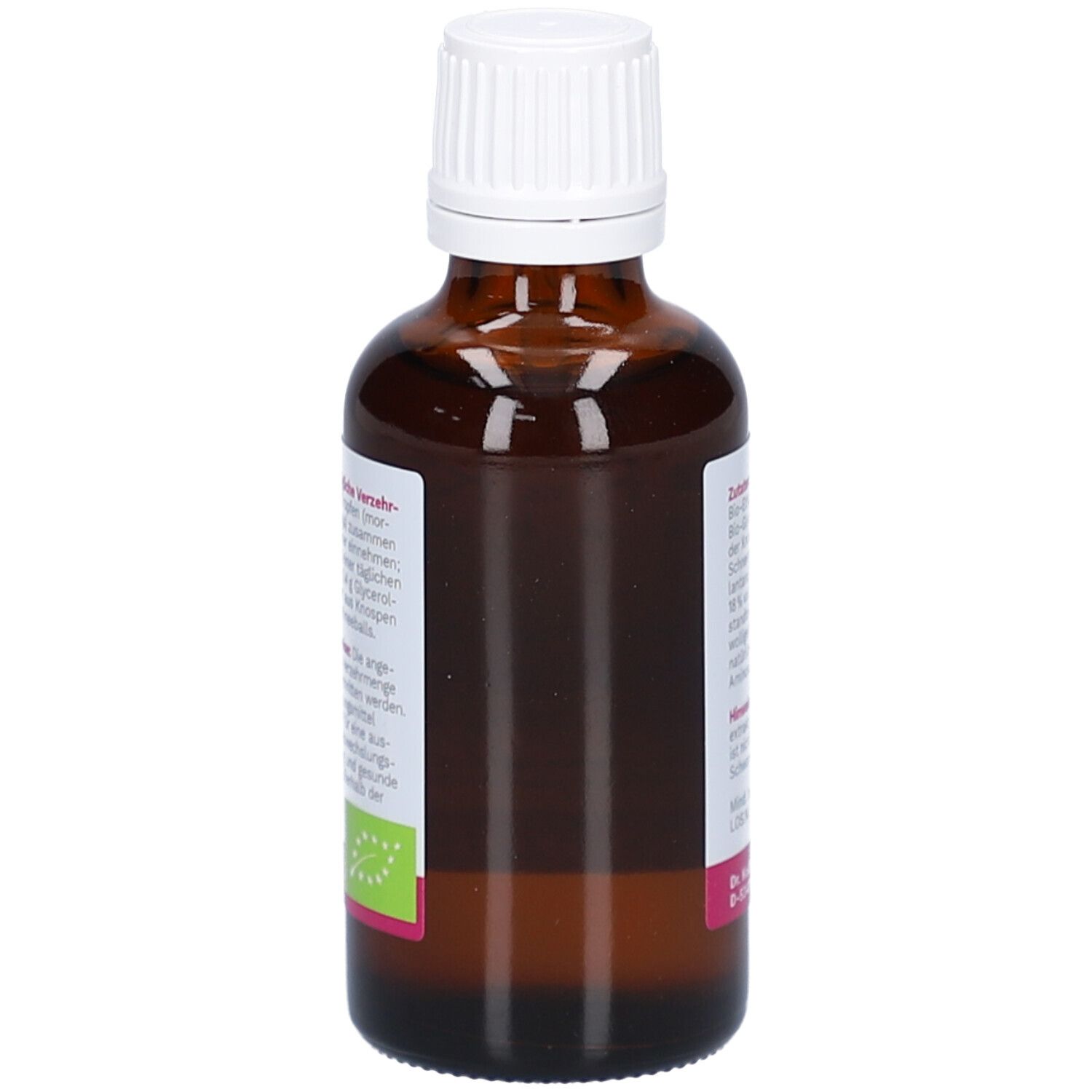 Braune Glasflasche mit weißem Deckel. Etikett mit Bio-Siegel und weiteren Informationen.