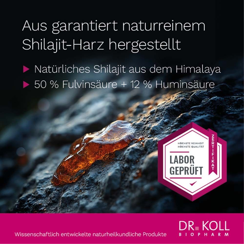 Nahaufnahme von Shilajit-Harz auf Stein. Text: Aus garantiert naturreinem Shilajit-Harz hergestellt. Laborgeprüft-Siegel.