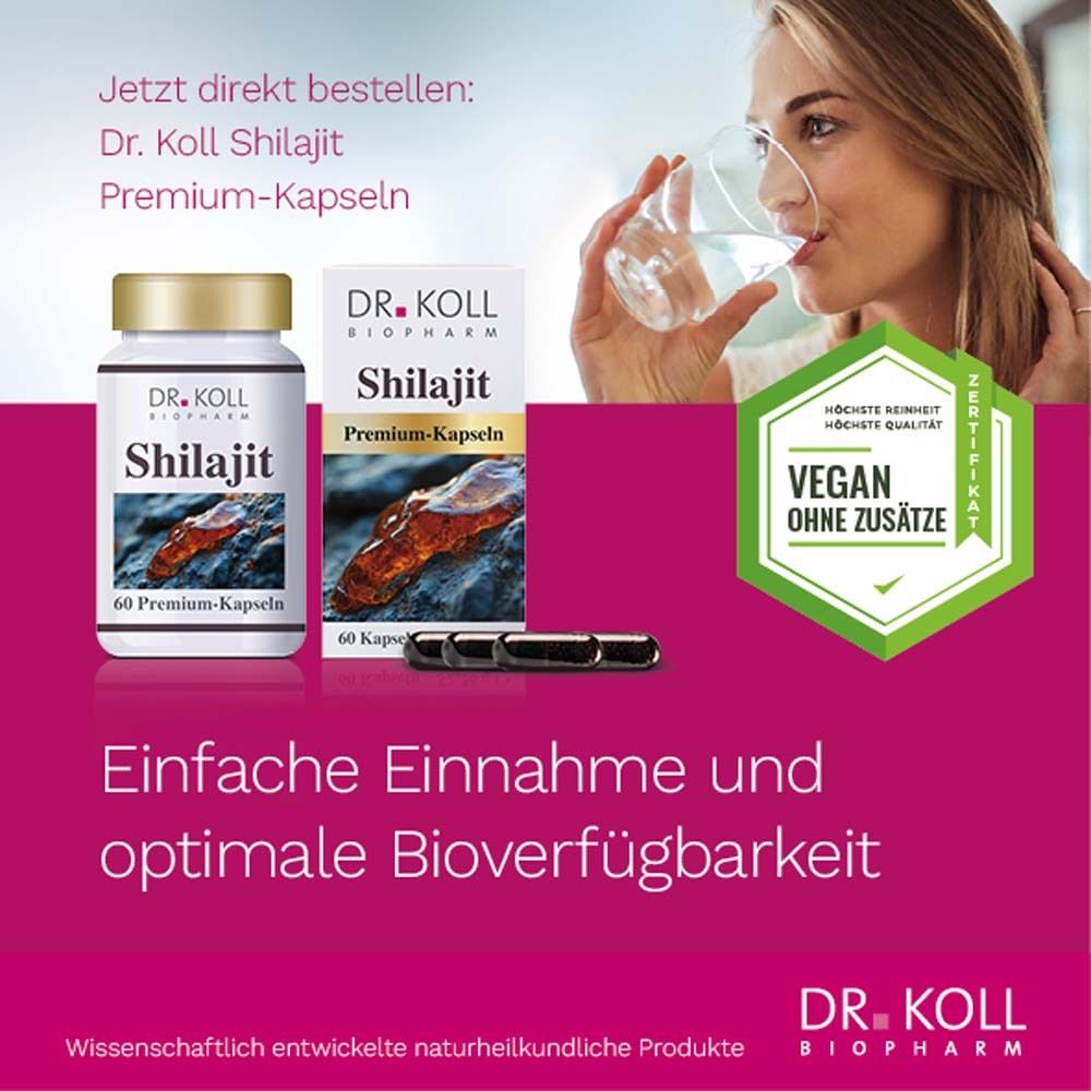 Frau trinkt Wasser. Flasche und Schachtel mit Shilajit-Kapseln. Text: Einfache Einnahme. Vegan-Siegel.