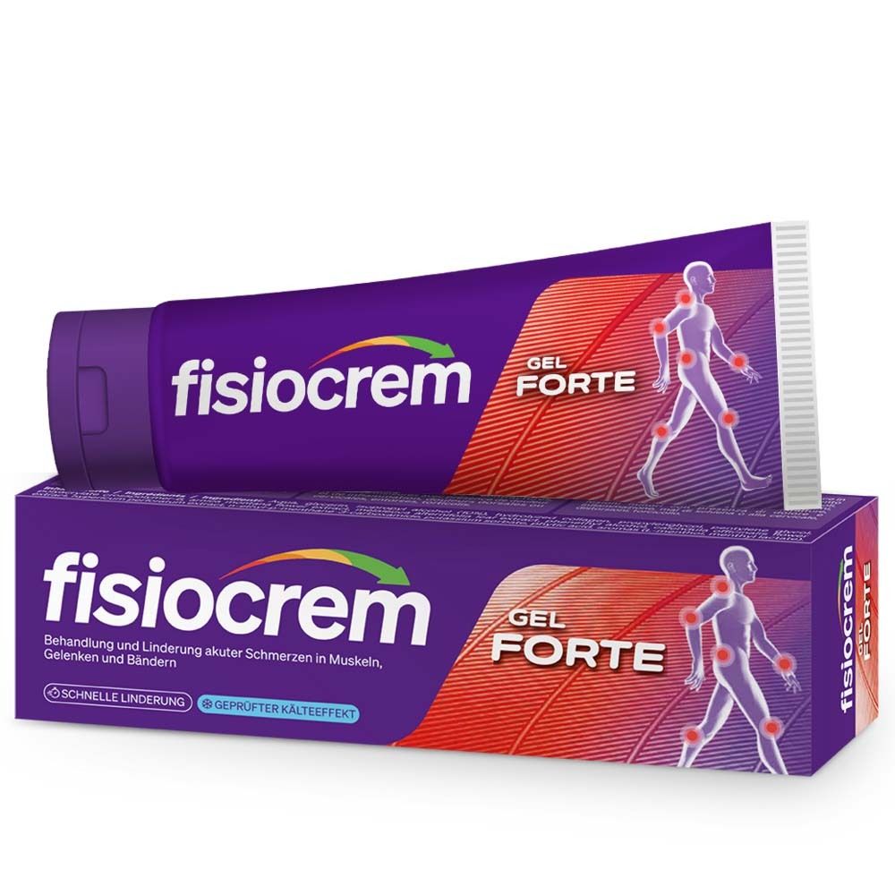 Lila Tube und Schachtel mit "fisiocrem GEL FORTE"-Logo. Abbildung eines menschlichen Körpers mit roten Punkten.