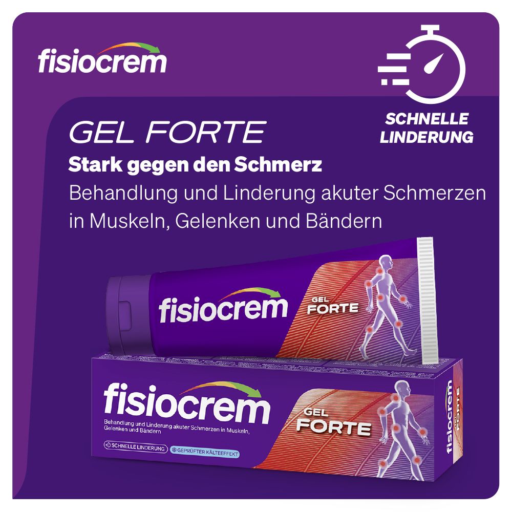 Fisiocrem Gel Forte Tube und Faltschachtel, mit Text über schnelle Linderung und Schmerzbehandlung.