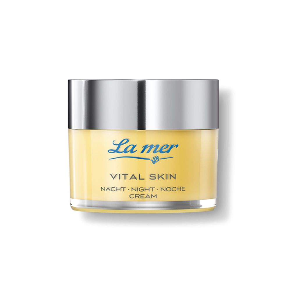 Creme-Tiegel mit silbernem Deckel. Aufschrift: La mer, Vital Skin, Nacht, Night, Noche, Cream.