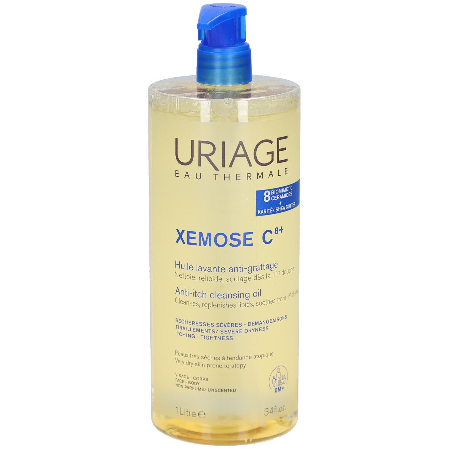 Durchsichtige Flasche mit blauem Pumpkopf. URIAGE, XEMOSE C8+ und weitere Produktinformationen sind aufgedruckt.