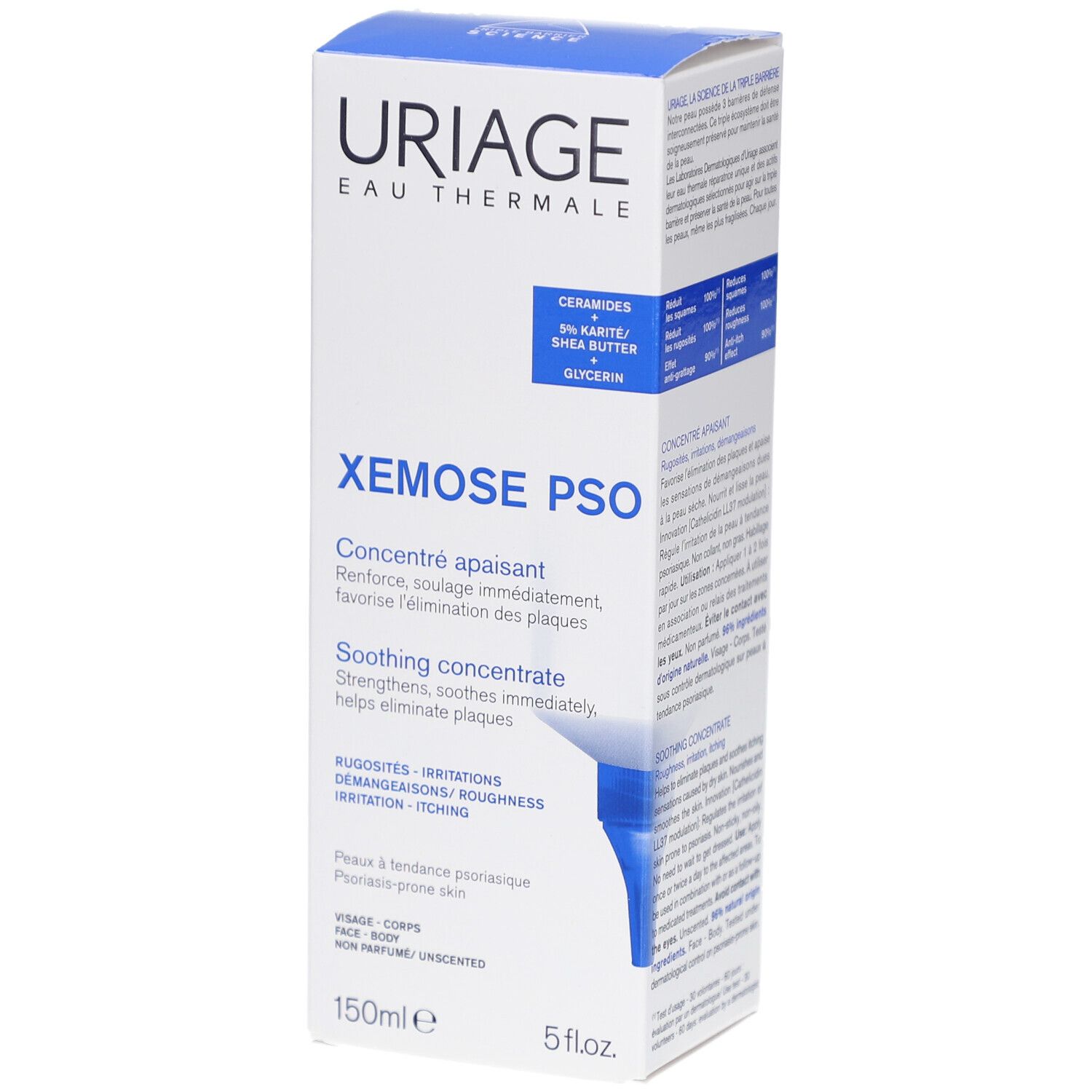 Uriage Xémose PSO Konzentrat. Weiße Verpackung mit blauer Schrift. Enthält Ceramide, Sheabutter und Glycerin. 150ml.
