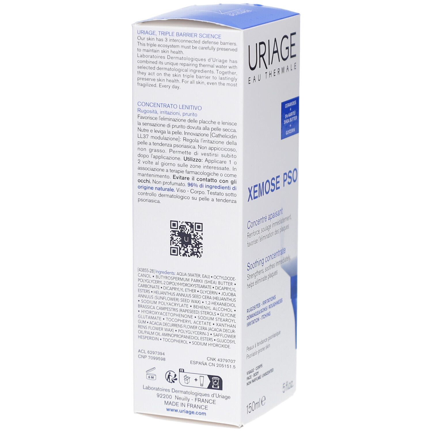 Uriage Xémose PSO Konzentrat. Rückseite der Verpackung mit Inhaltsstoffen und QR-Code. 150ml.