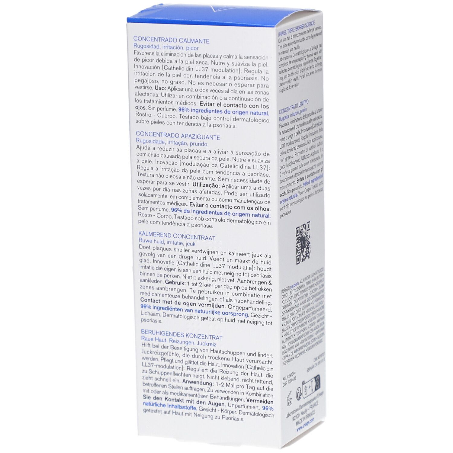 Uriage Xémose PSO Konzentrat. Verpackung mit Text in Spanisch, Niederländisch und Deutsch. 150ml.