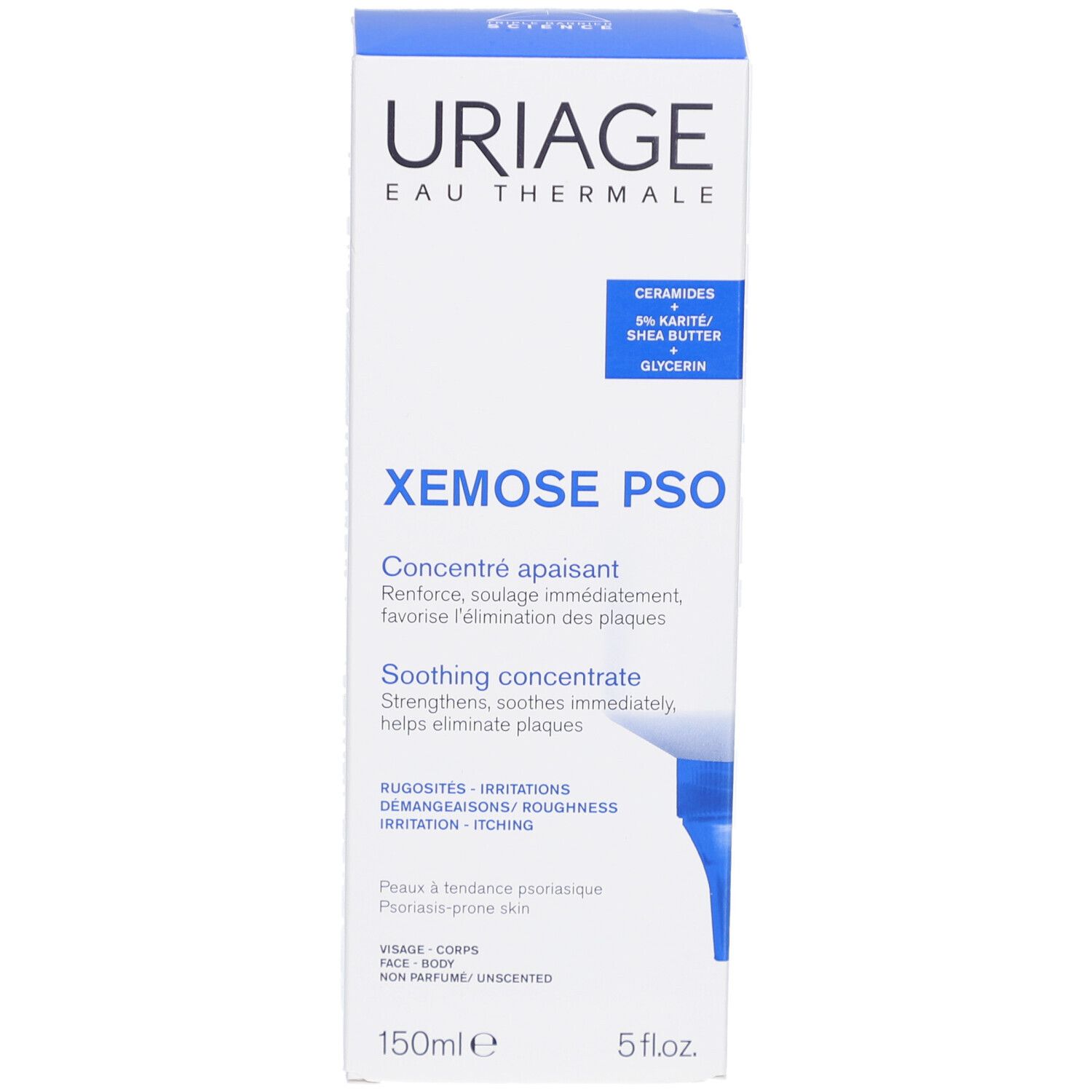 Uriage Xémose PSO Konzentrat. Weiße Verpackung mit blauer Schrift. Enthält Ceramide, Sheabutter und Glycerin. 150ml.