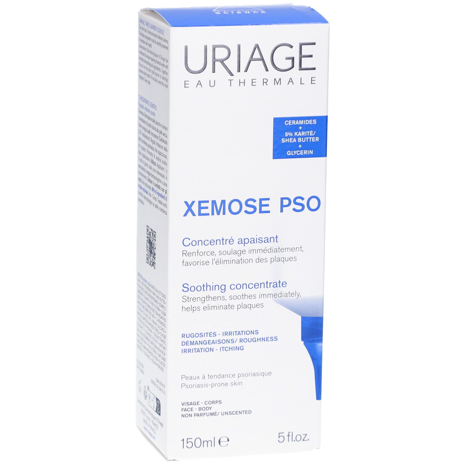 Uriage Xémose PSO Konzentrat. Weiße Verpackung mit blauer Schrift. Enthält Ceramide, Sheabutter und Glycerin. 150ml.