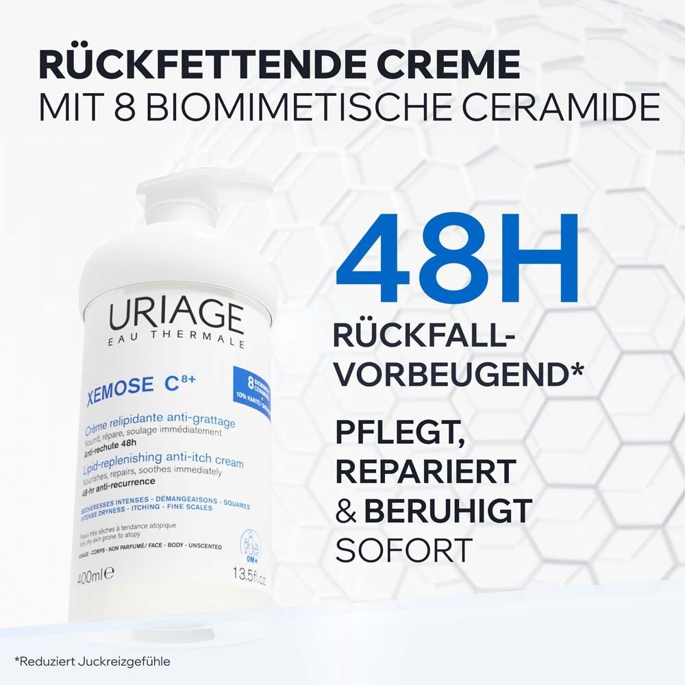 Creme-Flakon mit Pumpe. Text: Rückfettende Creme mit 8 biomimetische Ceramide. 48h rückfallvorbeugend. Pflegt, repariert & beruhigt sofort.