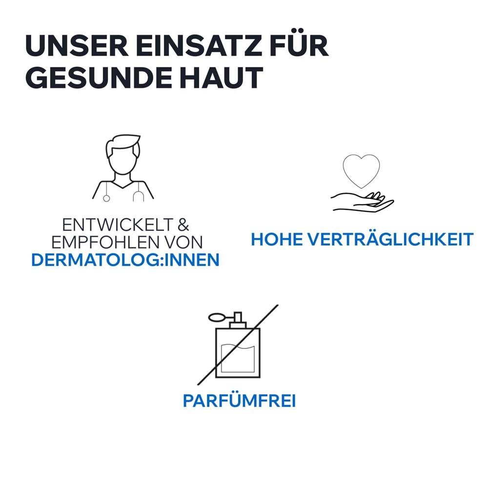 Grafik mit Icons. Text: Unser Einsatz für gesunde Haut. Entwickelt & empfohlen von Dermatolog:innen. Hohe Verträglichkeit. Parfümfrei.