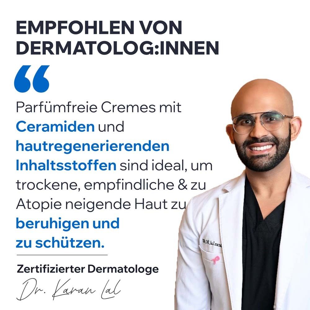 Arzt mit Text. Text: Empfohlen von Dermatolog:innen. Parfümfreie Cremes mit Ceramiden und hautregenerierenden Inhaltsstoffen sind ideal.