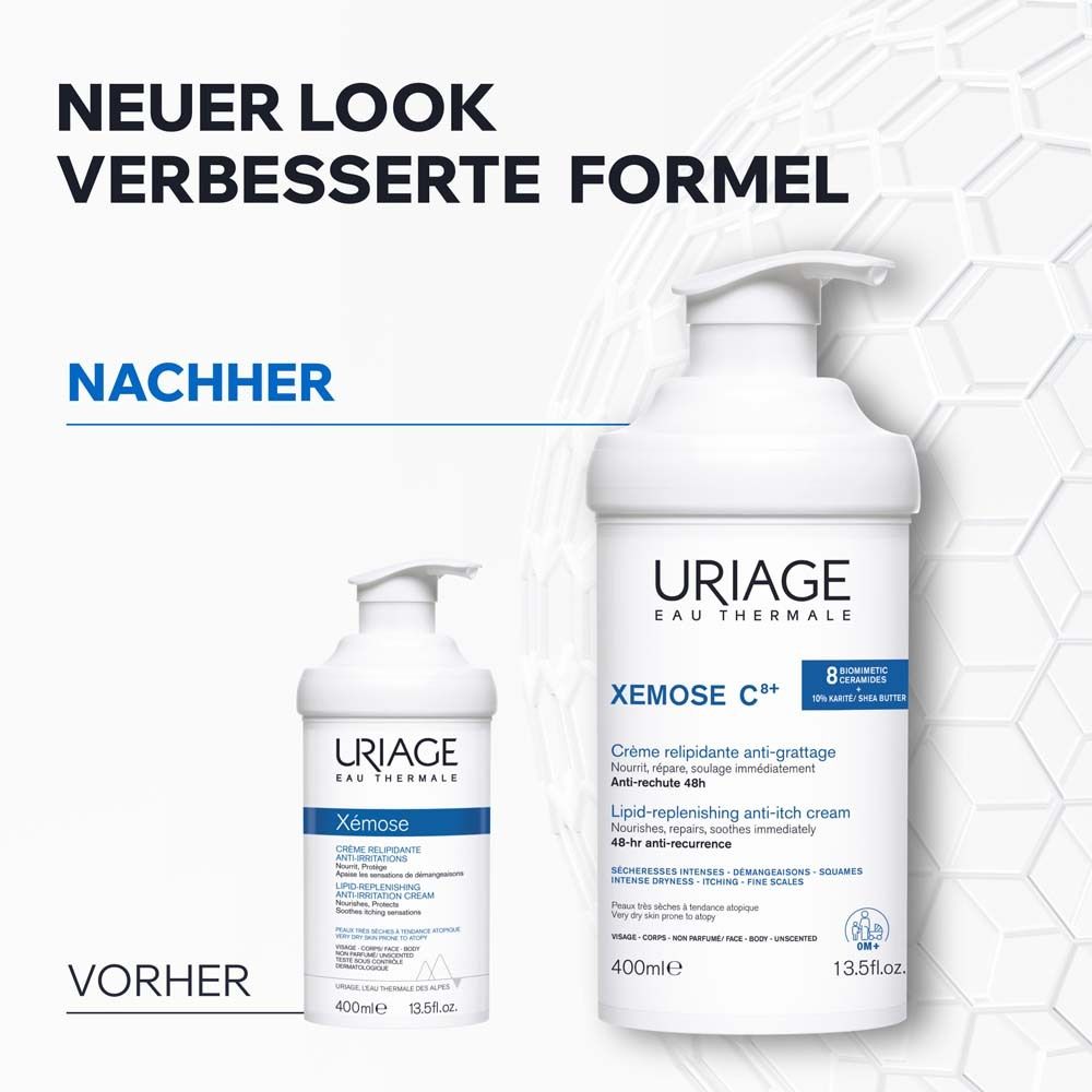 Vergleich von zwei Flaschen. Text: Neuer Look, verbesserte Formel. Vorher/Nachher. Uriage Xémose C8+.