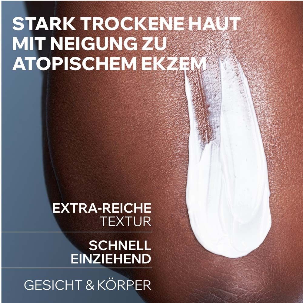 Weißes Creme auf dunkler Haut. Extra-reiche Textur. Schnell einziehend. Gesicht & Körper.