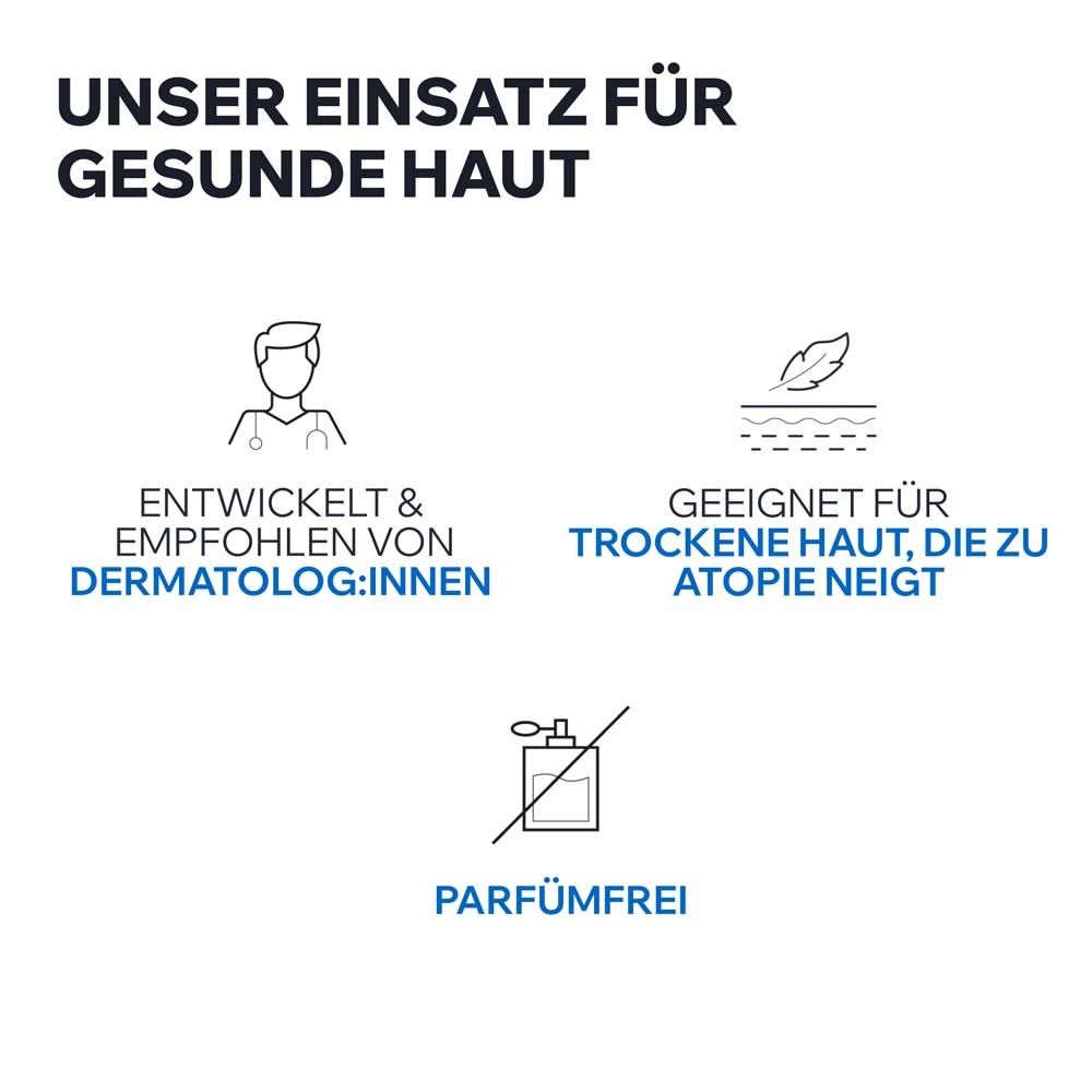 Symbole. Entwickelt & empfohlen von Dermatolog:innen. Geeignet für trockene Haut, die zu Atopie neigt. Parfümfrei.