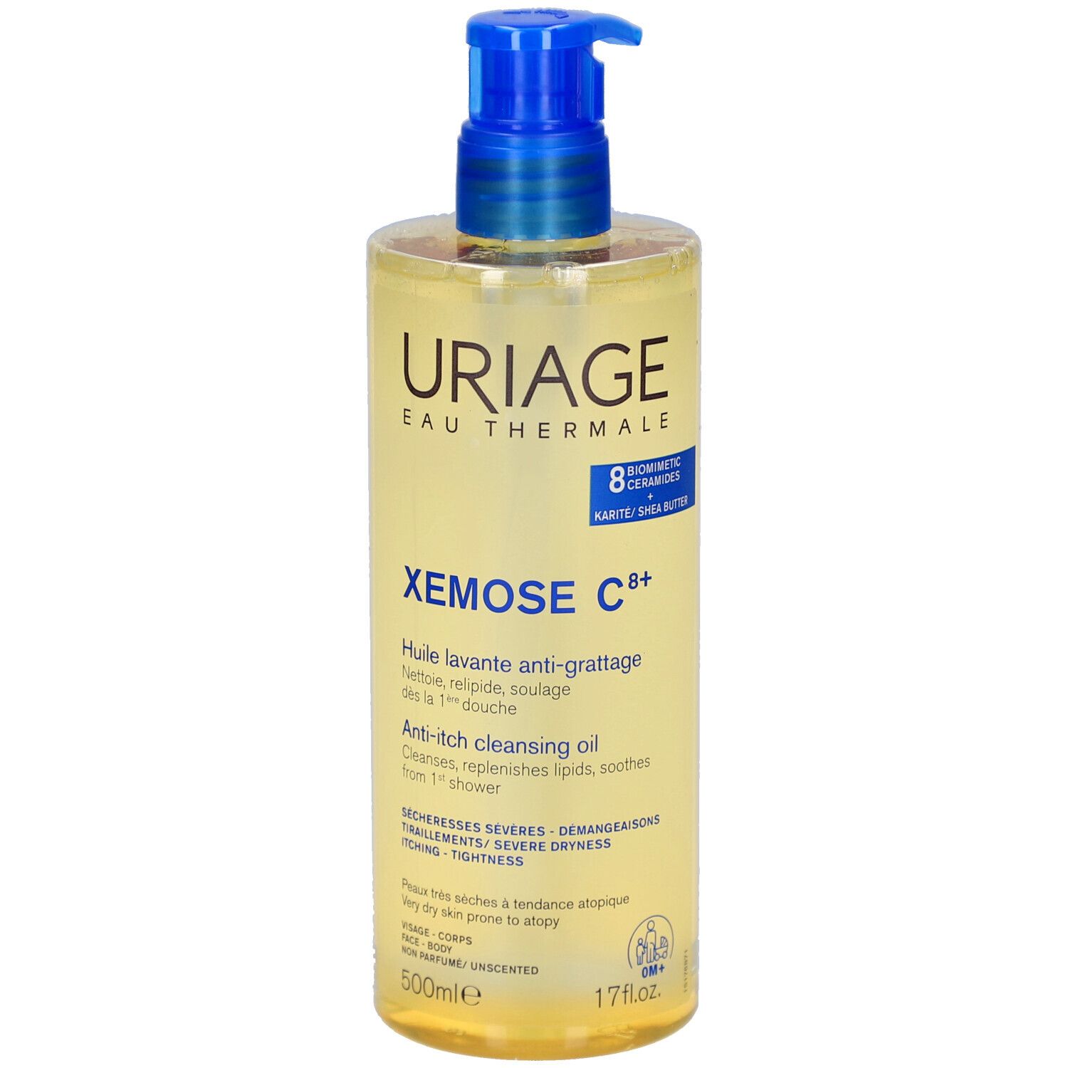 Uriage Xémose C8+ Duschöl. Transparente Flasche mit blauem Pumpkopf. Produktbezeichnungen und Logos sind aufgedruckt.