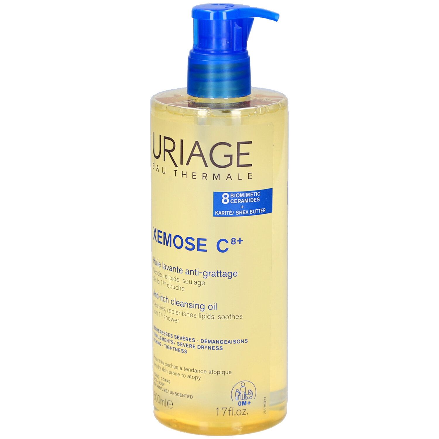 Uriage Xémose C8+ Duschöl. Transparente Flasche mit blauem Pumpkopf. Produktbezeichnungen und Logos sind aufgedruckt.