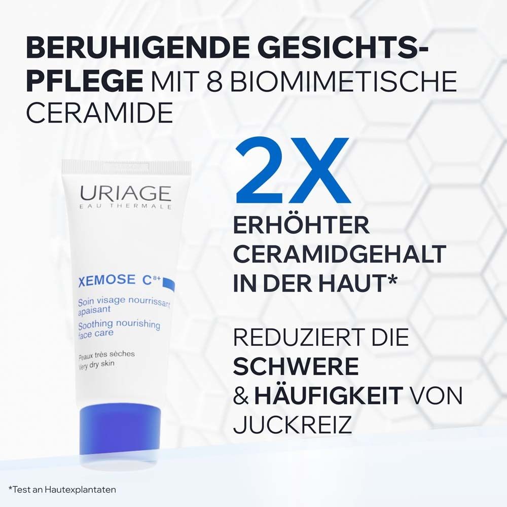 Gesichtscreme-Tube. Text: Uriage, Xémose C8+. Beruhigende Gesichtspflege. 8 Biomimetische Ceramide. Reduziert Juckreiz.