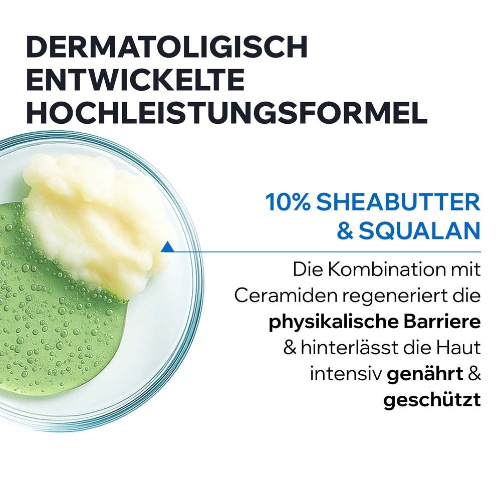 Inhaltsstoffe in Schale. Text: 10% Sheabutter & Squalane. Dermatologisch entwickelte Hochleistungsformel. Ceramide.