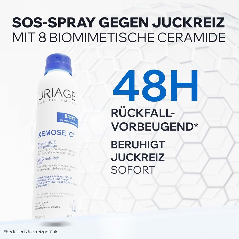 SOS-Spray gegen Juckreiz. Uriage-Spray mit 8 biomimetischen Ceramiden. 48h Rückfallvorbeugung. Beruhigt Juckreiz sofort.