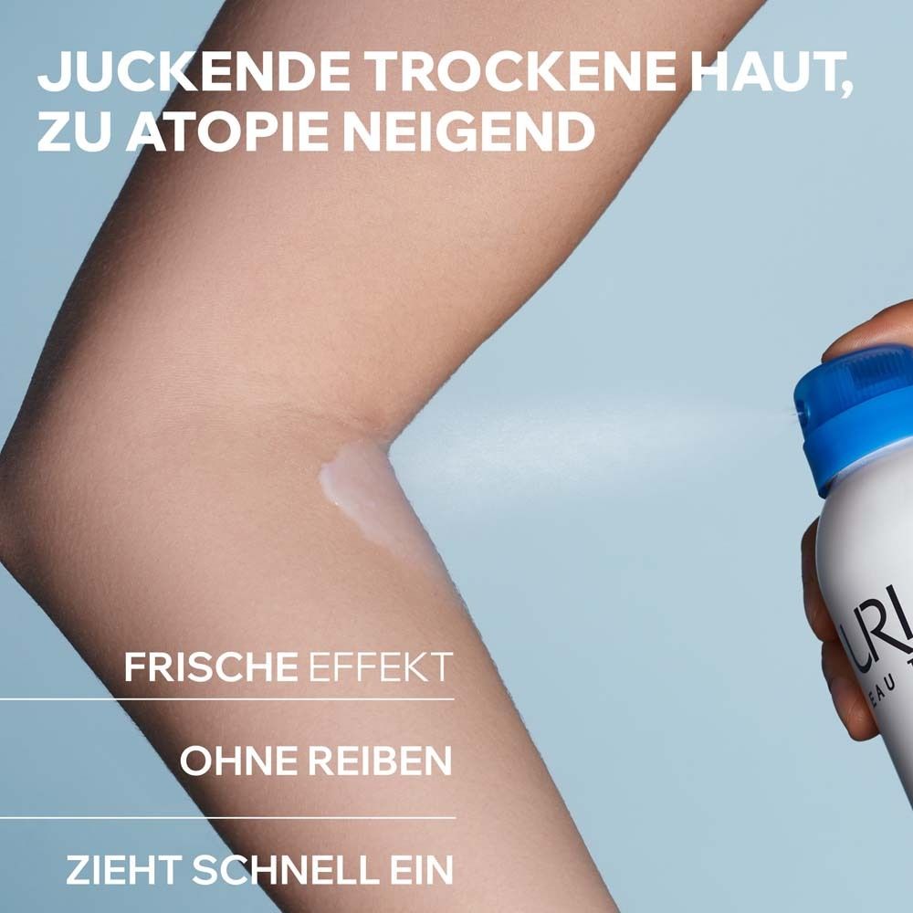 Spray auf Arm. Für juckende, trockene Haut, zu Atopie neigend. Frische Effekt. Ohne reiben. Zieht schnell ein.