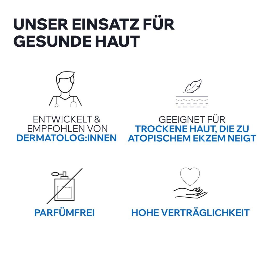 Unser Einsatz für gesunde Haut. Entwickelt & empfohlen von Dermatolog:innen. Geeignet für trockene Haut, die zu atopischem Ekzem neigt. Parfumfrei.